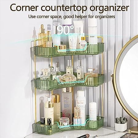 The makeup organiser is made of imported thickened ABS plastic material and premium metal bracket, which is safe and durable with smooth surface. High-end luxury texture style is to add your dresser quality of life and great helper for desktop organization. #sponsored Bandeja Perfume, Corner Counter, Bathroom Organizer Countertop, Storage For Bathroom, Counter Storage, Organize Bathroom Countertop, Bathroom Countertop Organizer, Bathroom Counter Organization, Corner Bathroom