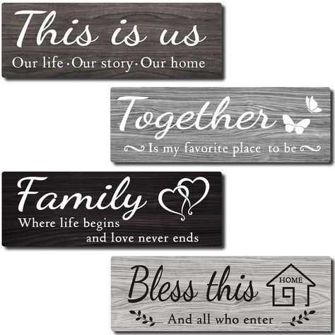 PRICES MAY VARY. BRING LIFE TO YOUR WALLS: Our wood wall signs will warm any wall of your house and make your family room feel welcoming and cozy. These warm quotes about family and making memories also look great on wood wall art. A warm saying on each art decoration for living room [This is us, our life, our story, our home]; [Together, is my favorite place to be]; [Bless this home, and all who enter]; [family, where life begins and love never ends]. HIGH QUALITY FINISHES&PREMIUM LONGEVITY: ID Wall Decor Signs, Family Quotes Inspirational, Wooden Living Room, Kitchen Farmhouse Decor, Entryway Signs, Family Wall Decor, Heart Warming Quotes, Decor Signs, Family Decor