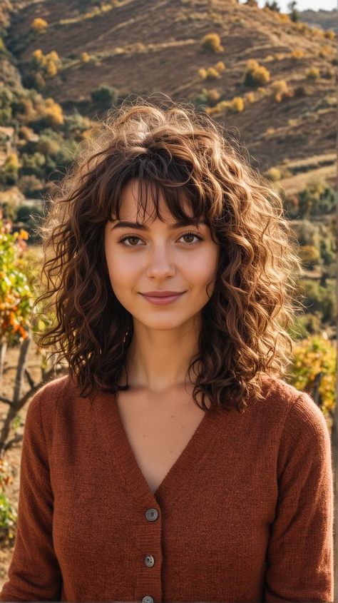 Medium Curly Bangs, Medium Length Haircut With Bangs Curly, Curly Medium Hair With Bangs, Short Hair With Oval Face, Curly Hairstyles Heart Shaped Face, Bangs For Oval Face Curly Hair, Bangs With Naturally Curly Hair, Birkin Bangs Curly Hair, Bangs Hairstyles Curly Hair