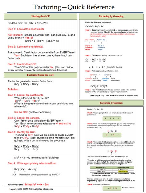 Factoring - Quick Reference Factoring Cheat Sheet, Factorising Notes, Quadratic Equations Notes Grade 9, Factoring Polynomials Notes, Algebra Factoring, Sequence Worksheet, Math College, Multiplying Polynomials, Factoring Polynomials