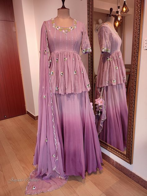 Create the magical look of your dreams with this lavender lehenga along with organza dupatta with sequins and gotta work makes this ensemble an absoluely pick for weddings. Lavender Colour Dress, Lavender Sharara, Dress For Haldi Function, Purple Sharara, Frock Design For Stitching, Lavender Color Dress, Long Frocks For Women, Lavender Lehenga, Lengha Dress