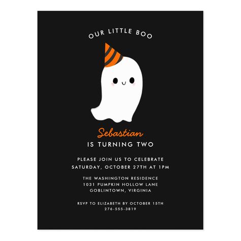 Little Boo Is Turning Two, Boo Is Turning Two, Kids Halloween Birthday Party, Halloween Invitations Kids, Postcard Birthday, Halloween Birthday Party Invitations, Halloween 1st Birthdays, Halloween Themed Birthday Party, Halloween Birthday Invitations