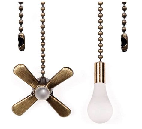 I have these ceiling fan pulls in my guest bedroom, and I'm obsessed with them! The design is so helpful, it makes it easy to know which to pull for the fan and for the light! 2 pieces, 13.6 inch chain that can be cut to fit your desired length (paid link) Decorative Ceiling Fans, Hunter Ceiling Fans, Fan Pull Chain, Ceiling Fan Pull Chain, Ceiling Fan Pulls, Beaded Ball, Decorative Light Bulbs, Fan Pulls, Ball Lights