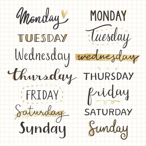 Weekdays typography collection vector | premium image by rawpixel.com / Minty Alfabet Font, Bullet Journal Headers, Bullet Journal Font, Journal Fonts, Bullet Journal Notes, Bullet Journal Paper, Sticker Png, Bullet Journal Aesthetic, Sunday Monday