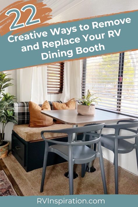 Dining booths take up valuable real estate in an RV. These RV owners decided to remove their dining booths and replace them with furniture that makes better use of the space. Say goodbye to uncomfortable seating and hello to a functional, stylish dining area. Whether you're looking for a modern or rustic look, there's something for everyone. Check out this article for 22 creative ways to remove and replace your RV dining booth. #RVrenovation #RVremodel #RVmakeover #RVinspiration Rv Table Ideas, Rv Sofa Bed, Rv Table, Camper Table, Rv Sofas, Rv Inspiration, Dining Booth, Rv Furniture, Booth Inspiration