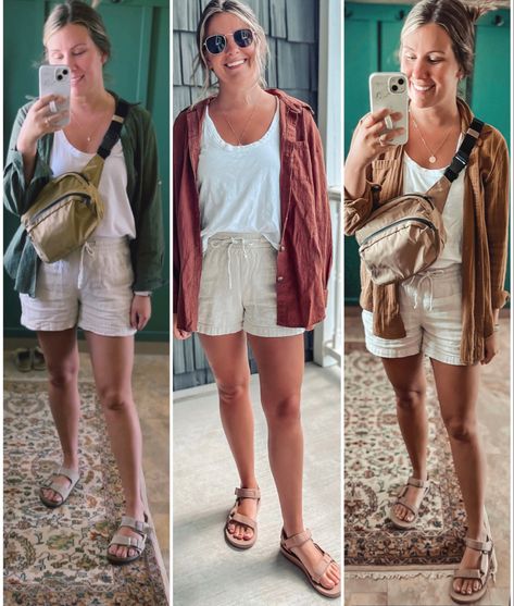 Teva Sandal Outfits, Teva Outfits Summer, Teva Outfit Casual, Tan Teva Sandals Outfit, Spring Birkenstock Outfit, Brown Teva Sandals Outfit, Teva Outfits Women, Khaki Linen Shorts Outfit, Styling Teva Sandals