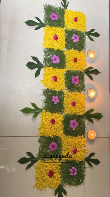 Sangeeta Sharma on Instagram: "Ekadashi Border Rangoli Today is the auspicious day of Ekadashi. Ekadashi in Sanskrit means 'the Eleventh Day,' which occurs twice in a lunar month. Ekadasi and movement of the moon has a direct correlation with the human mind. It is believed that during Ekadashi,our mind attains maximum efficiency giving the brain a better capacity to concentrate. Study says, from the eleventh day till fifth day post new moon or full moon day, moon influences us maximum and imb Flower Wall Decor Diy, Full Moon Day, Flower Garland Diy, Simple Flower Rangoli, Moon Day, Easy Rangoli Designs Videos, Border Rangoli, Very Easy Rangoli Designs, Rangoli Designs Photos