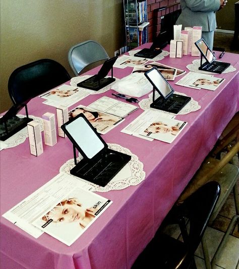 My Mary Kay Facial Skin Care party table setup!                                                                                                                                                                                 More Skin Care Party, Mary Kay Display, Mary Kay Open House, Mark Kay, Mary Kay Facial, Mary Kay Office, Mary Kay Inspiration, Mary Kay Holiday, Mary Kay Gifts