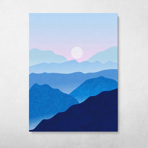 Misty Mountains simple flat illustration modern abstract wall art on gallery wrapped canvas. Calm Paintings Easy, Modern Simple Painting, Mountain Simple Painting, Simple Artwork Ideas, Abstract Mountains Painting, Mountain Canvas Painting Easy, Simple Mountain Painting, Mountain Painting Simple, Easy Mountain Painting