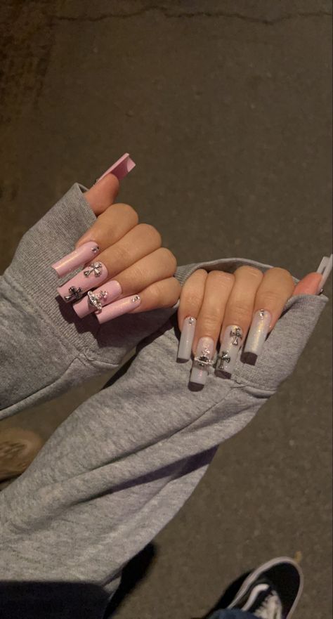 Pink Chrome Heart Nails, Vivienne Westwood Acrylic Nails, Nail Inspo Chrome Hearts, Pink French Tip Chrome Heart Nails, Pink Nails Chrome Hearts, Pink Chrome With Hearts, Vivienne Westwood Nails, Chrome Hearts Nails, Pink Chrome