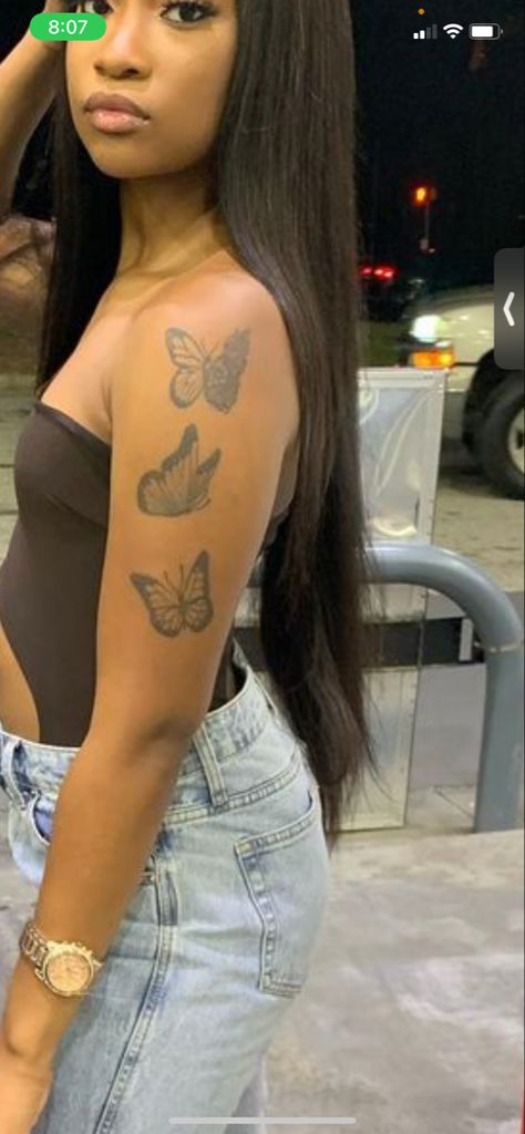 Black Women Upper Arm Tattoos, Side Arm Tattoos For Women Butterfly, Tattoo Ideas On Upper Arm, Collarbone Tattoos Black Women, 444 Shoulder Tattoo, Butterfly Tattoo Arm Sleeve For Women, Arm Butterflies Tattoo, Words With Butterfly Tattoo, Butterfly Shoulder Tattoo Black Women