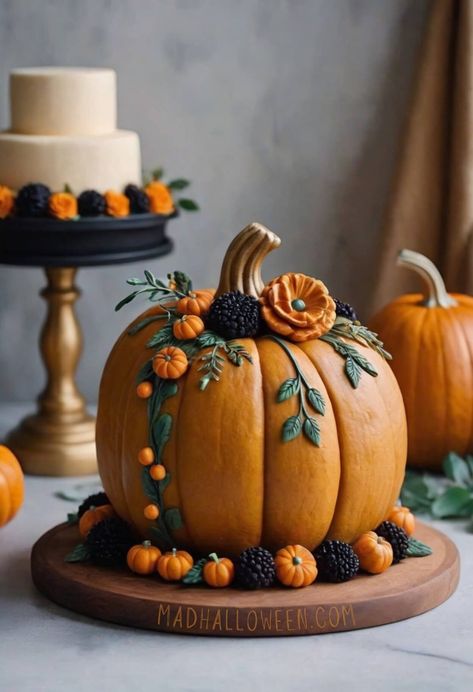 Fall Cake Decorating Ideas for Autumn - Mad Halloween Pumpkin Cake Design, Fall Cake Decorating Ideas, Fall Cake Decorating, Thanksgiving Cakes Decorating, Fall Cakes Decorating, Fall Cheesecake, Pumpkin Shaped Cake, Restaurant Desserts, Fall Birthday Cakes