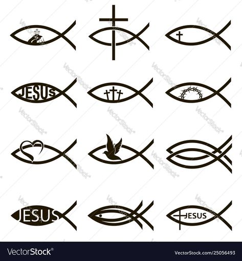 Jesus fish set vector image Christian Fish Tattoos, Jesus Fish Symbol, Christus Tattoo, Catholic Tattoos, Bible Tattoos, Image Of Fish, Tiny Wrist Tattoos, Irish Symbols, Fish Symbol