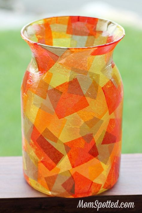 Podge Modge Crafts, Modge Podge Jars Tissue Paper, Tissue Paper Vase, Fall Mosaic, Decorated Vases, Vase Makeover, Fall Vase, August Crafts, Autumn Craft