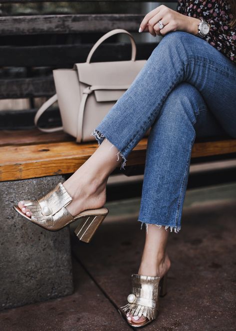 Gold Block Heel Mules and Cropped Denim #spring #shoes #styleblogger #TTD Mule Heels Outfit Dress, Gold Mules Outfit, Block Heel Mules Outfit, Heel Mules Outfit, Gold Shoes Outfit, Block Heels Outfit, Mule Shoes Outfit, Mules Outfit, Gold Block Heels