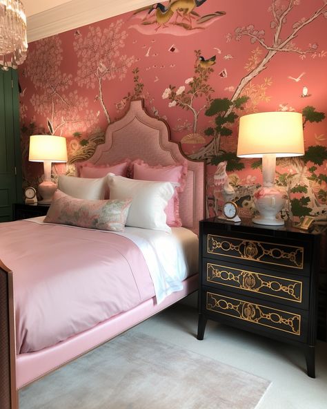 Create a soothing and inviting bedroom with pink hues. 🏡 Check out our pink bedroom ideas for a cozy, elegant retreat. 🌺 #HomeDecor #PinkDesign #moodyromanticbedroom #preppybedroomaesthetic #pinkbedroom Dreamy Bedroom Aesthetic, Persian Bedroom Aesthetic, Pink Velvet Bedroom Ideas, Pink Comforter Bedroom Ideas, Pink Adult Bedroom, Pink Cozy Bedroom, Pagoda Fabric, London Bedroom, Pink Bedroom Design