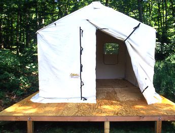 Or raise it higher for storage underneath? Canvas Wall Tent, Portable Sheds, Tent Platform, Backyard Tent, Portable Cabins, Tent Living, Wall Tent, Portable Tent, Cabin Tent