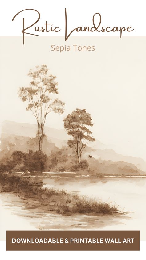 Rustic Landscape Sketch with Sepia Tones Downloadable & Printable Digital Wall Art Sepia Landscape Painting, Sepia Watercolor Paintings, Brown Watercolor Painting, Sepia Painting, Landscape Drawing Pencil, Sepia Drawing, Sepia Watercolor, Sepia Landscape, Sepia Art