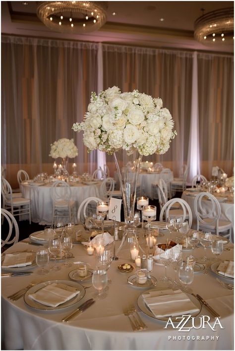 Four Seasons Wedding, White Flower Arrangements, Classic Elegant Wedding, Tall Wedding Centerpieces, White Centerpiece, Dream Wedding Decorations, Elegant Wedding Reception, All White Wedding, Wedding Floral Centerpieces