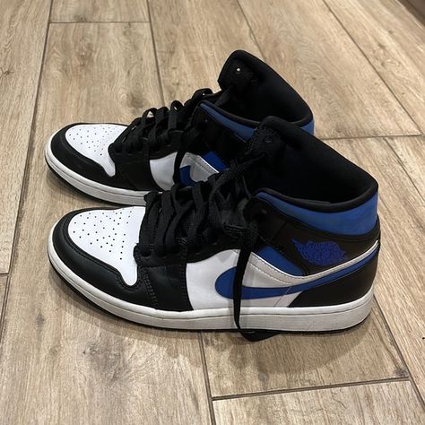 Jordan 1 Mid (White Black Racer Blue) Jordans Dark Blue, Jordan 1 Dark Blue, Dark Blue Jordans, Jordan 1 Blue And White, Blue And Black Jordans, Dark Blue Nike Shoes, Nike Air Jordan Blue, Navy Blue Nike Shoes, Air Jordan 1 Mid Blue