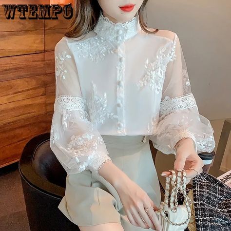 Smarter Shopping, Better Living! Aliexpress.com Mesh Shirts, Chiffon Lace Blouse, Lantern Sleeve Top, White Lanterns, Spring Blouses, Office Wear Women, Women White Blouse, Flowers Embroidery, Chiffon Fashion