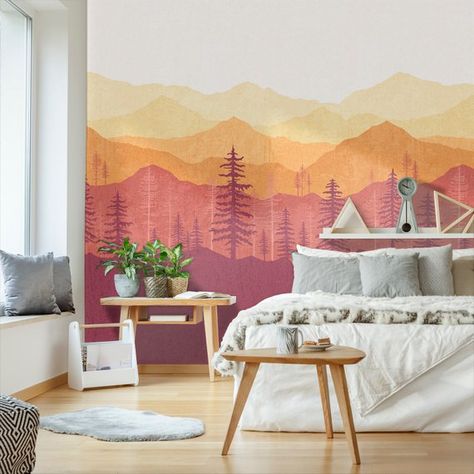 December Wallpaper Iphone, Wallpaper Woodland, Wallpaper Forest, December Wallpaper, Mountain Mural, Woodland Wallpaper, Forest Sunset, Bedroom Murals, Fabric Wall Decals