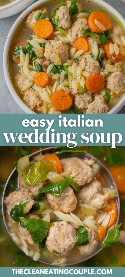 Easy Italian Wedding Soup Recipe! This recipe for Italian Wedding Soup is easy to make and loaded with flavor and mini turkey meatballs. A delicious, cozy dinner! You can make it in the crock pot, instant pot, or on the stovetop. Crockpot Italian Wedding Soup Easy, Italian Wedding Soup Turkey Meatballs, Mexican Wedding Soup, Italian Wedding Soup Meatballs, Healthy Instant Pot Recipes Clean Eating, Clean Eating Instant Pot Recipes, Soups With Ground Beef, Easy Italian Wedding Soup, Best Italian Wedding Soup