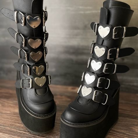 Swing 230 Black Heart Demonia Boots Heart Demonia Boots, Demonia Cult Boots, Heart Buckle Shoes, Heart Accessories Aesthetic, Demonia Shoes Aesthetic, Y2k Shoes Heels, Black Demonia Boots, Demonia Aesthetic, Black Boots Aesthetic