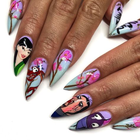 Mulan Inspired Nails, Mulan Nail Art, Mulan Nails, Gel Ombre, Disney Princess Mulan, Inspo Wallpaper, Rounded Acrylic Nails, Princess Mulan, Uñas Ideas