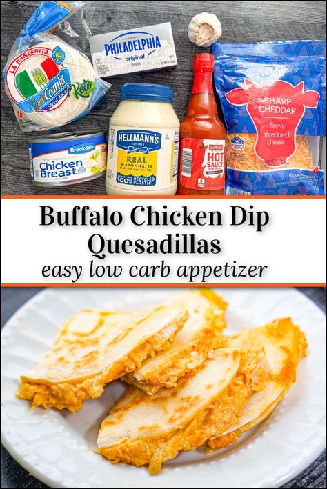 platter and plate with keto buffalo chicken quesadilla appetizers and text Delicious Quesadillas, Chicken Quesadillas Easy, Keto Buffalo Chicken Dip, Low Carb Appetizer, Buffalo Chicken Quesadilla, Keto Buffalo Chicken, Best Low Carb Snacks, Buffalo Dip, Chicken Quesadilla Recipe