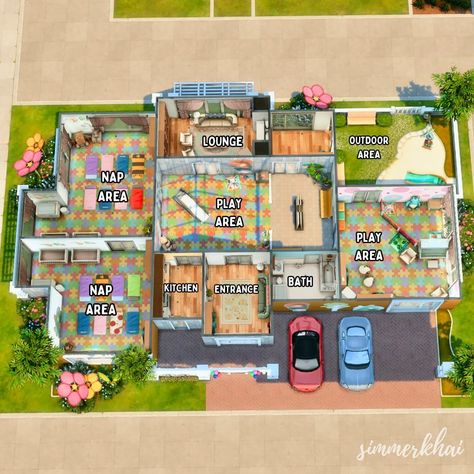 Sims 4 Daycare, Sims Layout, Houses Layout, Sims 4 Houses Layout, Cozy Games, Sims Builds, Entrance Ideas, City Layout, Sims 5