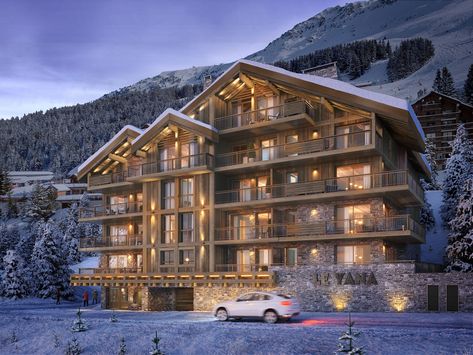 Mountain Hotel Design, Mountain Hotel Architecture, Mountains Hotel, Winter Hotel, Chalet Architecture, Hotel Mountain, Chalet Exterior, Mountains In Winter, Modern Luxury Apartment