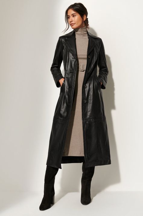 Women's Coats & Clothing | Overland Leather Coat Outfit, Blogger Outfit Inspiration, Long Winter Coats Women, Biker Coat, Leather Coat Womens, Trench Coat Outfit, Defined Waist, Black Leather Coat, Long Leather Coat