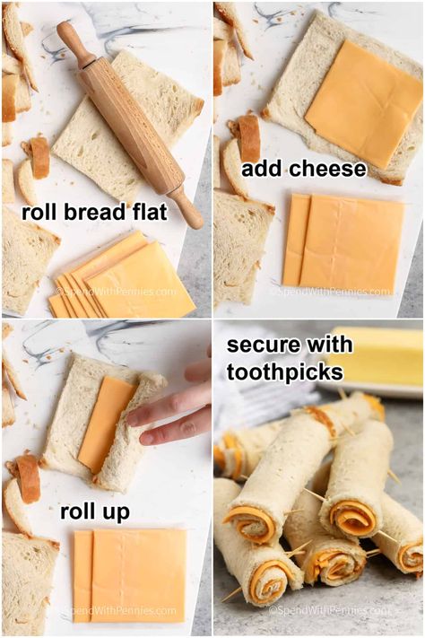 Kids and adults alike will love these tasty grilled cheese roll-ups! These delicious little rolled sandwiches are a new take on an old favorite - grilled cheese. In this recipe, bread is flattened, topped with cheese, and rolled. Then it is pan-fried with butter, toasted in the oven, or cooked in the air fryer. These are the best way to make grilled cheese! #grilledcheeserollups #rolledupgrilledcheese #recipe #spendwithpennies Toddler Sandwiches, Grilled Cheese Roll Ups, Roll Up Sandwiches, Grill Cheese Roll Ups, Grilled Cheese Rolls, Grilled Cheese Bar, Cheese Roll Ups, Ham And Cheese Roll Ups, Campfire Snacks