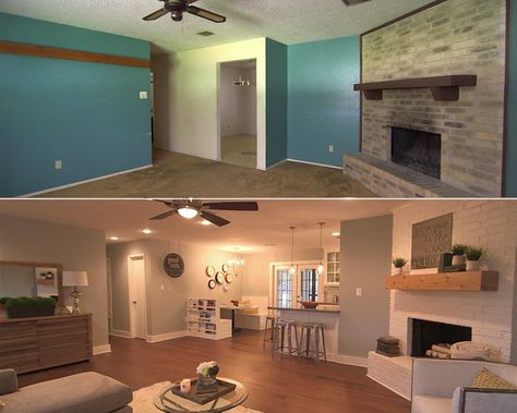 Dull Blue, Fixer Upper House, Light Gray Paint, Farmhouse Renovation, Basement Storage, Gray Paint, After Pictures, Living Room Remodel, Flipping Houses