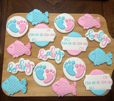 Fish Gender Reveal Cookies, Fish He Or Fish She Gender Reveal Cookies, Fishe Or Fishe Gender Reveal Ideas, Fish She Or Fish He Gender Reveal, Fishe Or Fish Gender Reveal, Fish He Or Fish She Gender Reveal Ideas, Gender Reveal Fishing Ideas, Gender Reveal Fishe Or Fishe, Fishe Or Fishe Baby Reveal