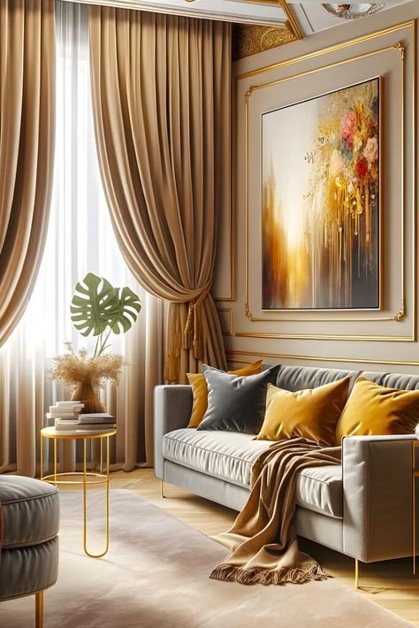 Gold Curtains Living Room Ideas, Curtains Yellow Walls, Soft White Walls, Long Curtains Living Room, Gold Curtains Living Room, Curtains For Grey Walls, Lounge Curtains, Gold Painted Walls, Living Room Gold