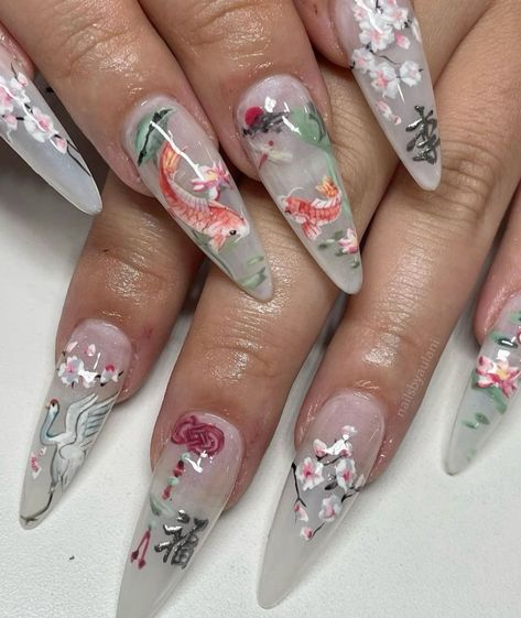 Koi Nails Designs, Fish Nail Design, Koi Fish Nails, Nail Art Almond Nails, Fish Nail Art, Fish Nails, Koi Fishes, Japanese Nail Design, Asian Nails