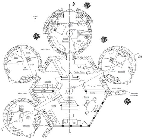 Earthbag Lodge with Domes floorplan (click to enlarge) Garden Floor Plan, Earthbag House Plans, House Alternatives, Earthship House, Circular House, Earth Lodge, Earth Dome, Earthbag House, Retreat Space