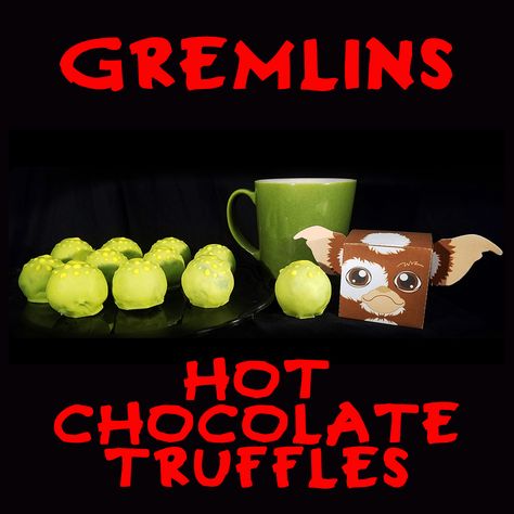 Getting a Gremlin wet is a horrible idea unless you're dropping one of these tasty mint and marshmallow Gremlin inspired chocolate truffles into hot milk. The post Gremlin Hot Chocolate Truffles appeared first on Welcome to the Necro Nomnomnomicon. Gremlins Party, Hot Chocolate Truffles, Gremlins Movie, Halloween Spell Book, Scary Christmas, Geek Food, Halloween Movie Night, Classroom Treats, Dinner And A Movie