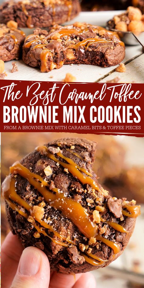 The Best Caramel Toffee Brownie Mix Cookies! These Brownie Mix Cookies from a Box of Brownie Mix are so easy to make and the perfect chewy chocolate cookies every time! Easy to make and so good for any occasion! make these Caramel Toffee Cookies for after school, friends, showers, dinner parties, or holidays! Caramel Toffee Brownie Mix Cookies, Cookies To Make With Friends, Box Brownie Recipes Ideas, Brownie Mix Christmas Cookies, Magnolia Cookies Joanna Gaines, Brownie Peanut Butter Cookies, Brownie Mix Cookie Recipes, Fall Cookie Box Ideas, Cookies Using Brownie Mix Boxes