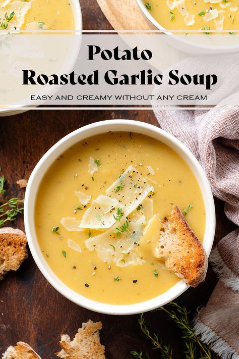 This Potato Garlic Soup is made with roasted garlic and potatoes make it extra creamy without any dairy. You can serve it on its own for lunch or light dinner or as a starter. The soup is freezer-friendly and so easy to make! Garlic Soup, Creamy Potato, Soup Season, The Soup, Light Dinner, Creamy Soup, Freezer Friendly, Healthy Soup, Potato Soup