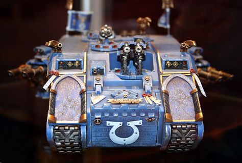 Marneus Calgar of the Ultramarines' Land Raider from the 'Eavy Metal display cabinets. Marneus Calgar, 40k Ultramarines, Adeptus Astartes, Metal Display, 40k Miniatures, Display Cabinets, Space Marines, Fantasy Miniatures, Warhammer 40000