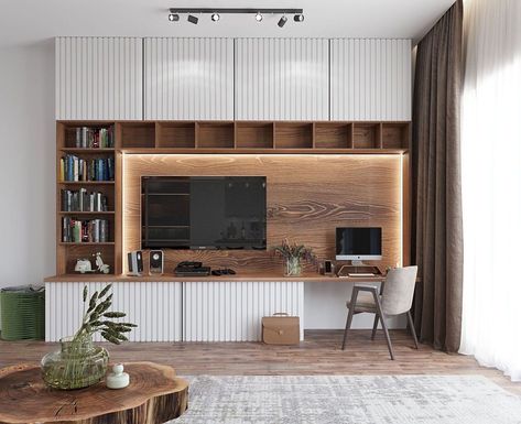 Living Room Library Ideas With Tv, Tv And Desk Wall Unit, Office Tv Room Combo, Home Office Tv Room Combo, Thrift Store Home Decor, Living Room Office Combo, Living Room Workspace, Urban Homes, Living Room Wall Units