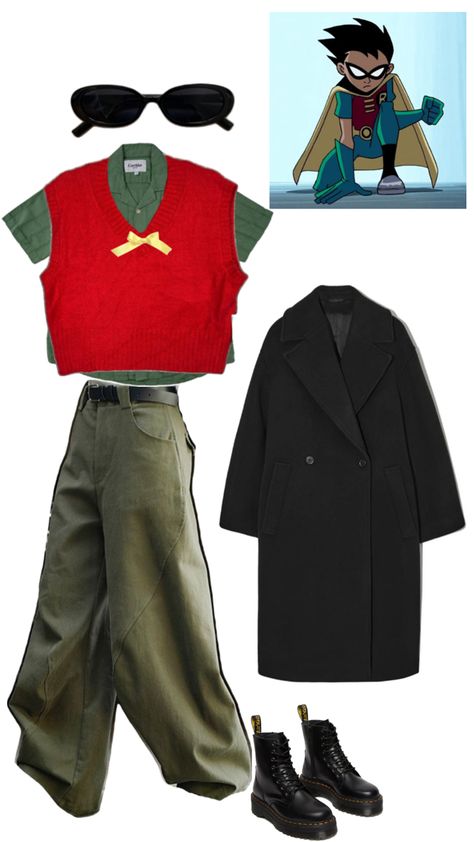 Outfit that resemble robin’s from teen titans. The outfit consist of black sunglasses, a stripped short sleeves green button up shirt, a red sweater vest, a yellow ribbon, green jeans, black combat boots and a long black coat Teen Titans Outfits, Robin Teen Titans, Titans Robin, Robin Outfit, Fun Halloween Outfits, Office Halloween Costumes, Teen Titans Go Robin, Teen Titans Robin, Robin Costume