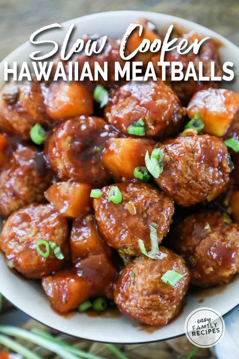 Hawaiian Meatballs {Crockpot} · Easy Family Recipes Hawaiian Meatballs Crockpot, Slow Cooker Hawaiian Meatballs, Hearty Appetizer, Bbq Meatball Recipe, Meatballs Crockpot, Hawaiian Meatballs, Bbq Meatballs, Hawaiian Bbq, Meatball Recipes Easy