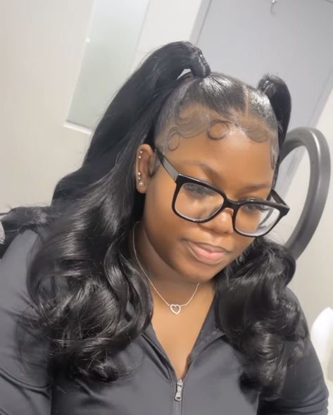 Weave Hairstyles Two Ponytails, Half Up Half Down Hairstyles Black Women Weave, Two Ponytails With Wig, Quick Weave Two Ponytails, Two Ponytails With Weave In The Back, Black Birthday Hairstyles, Cute Hairstyles Black Girls Weave, Cute Sleek Ponytails, Half Up Half Down With Two Ponytails