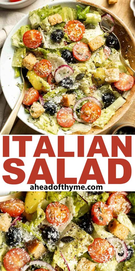 This Simple Italian Salad is fresh, delicious, and flavorful. It is loaded with fresh veggies and lightly tossed in homemade dressing, and ready in just 10 minutes. Serve this Olive Garden copycat with your favorite Italian recipes — and don't forget the Garlic Breadsticks! I think we've all had that moment at Olive Garden when we want to eat the salad more than the pasta! It's become our go-to side salad for almost any meal! | aheadofthyme.com #italiansalad #olivegardensalad via @aheadofthyme