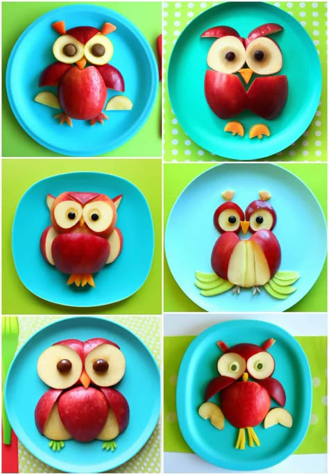 Apple Food Art, Owl Snacks, Owl Food, Kids Food Crafts, Deco Fruit, Fruit Platter Designs, Decorações Com Comidas, Food Art For Kids, Creative Snacks