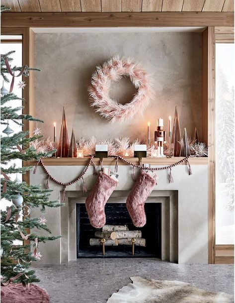 Modern Home Decor Ideas | CB2 Cedar Wreath, Modern Holiday Decor, Modern Christmas Decor, Christmas Stocking Holders, Pink Christmas Decorations, Stocking Holders, Christmas Mantels, Festive Tables, Christmas Accessories